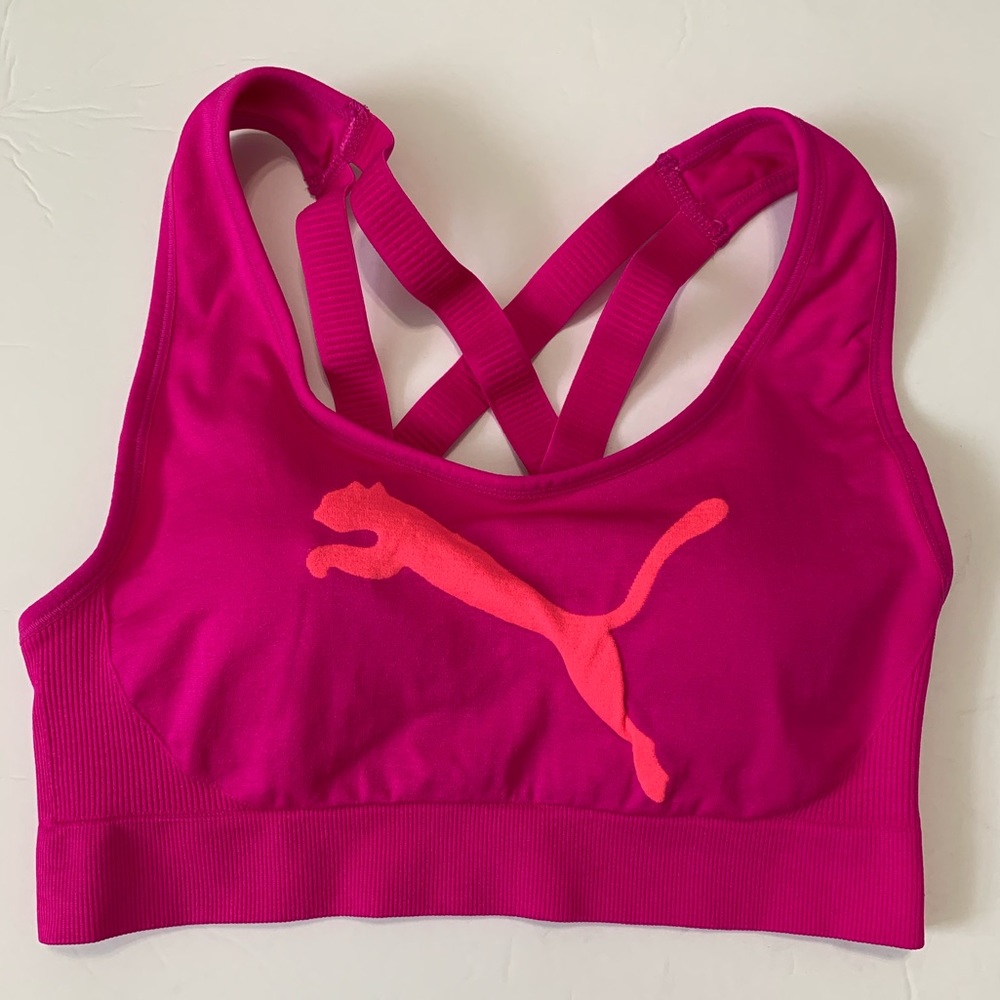 Puma Neon Hot Pink Magenta Contoured Bust Sports Bra Criss Cross Back - Medium